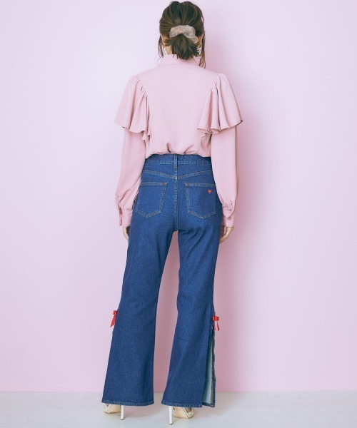 marun（マルン）の「＜大きいサイズ＞ 裾スリットデニムパンツ marun（デニムパンツ・レディース・ネイビー/ライトブルー・92/96/106/114/122/80/84/88/98）」の7枚目の写真