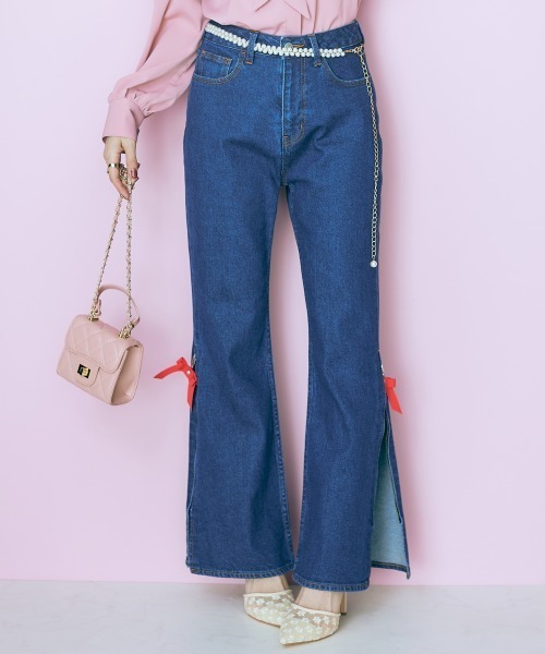 marun（マルン）の「＜大きいサイズ＞ 裾スリットデニムパンツ marun（デニムパンツ・レディース・ネイビー/ライトブルー・92/96/106/114/122/80/84/88/98）」の15枚目の写真