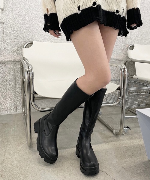 shopnikoniko(ショップニコニコ)の「トラックソール 厚底 ロングブーツ 合成皮革(ブーツ・レディース・ブラック・L/M/S/LL)」の6枚目の写真