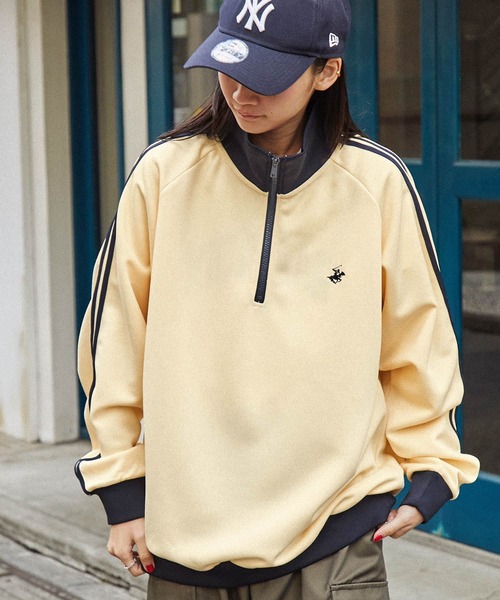 BEVERLY HILLS POLO CLUB（ビバリーヒルズポロクラブ）の「BEVERLY HILLS POLO CLUB/ビバリーヒルズポロクラブ 別注 ロゴ刺繍 サイドライン ハーフジップ トラックプルオーバー（スウェット・レディース・サックスブルー/ライトグレー/ブラック/ベージュ/アイボリー・M/L）」の7枚目の写真