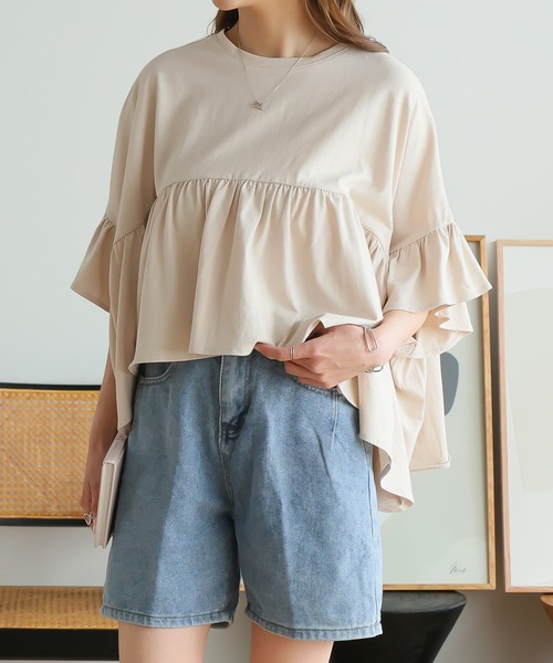 LAFFMO（ラフモ）の「ハーフスリーブティアードTシャツ（Tシャツ/カットソー・レディース・ブラック/オフホワイト/ベージュ・F）」の7枚目の写真