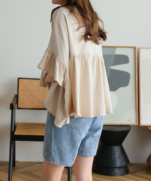 LAFFMO（ラフモ）の「ハーフスリーブティアードTシャツ（Tシャツ/カットソー・レディース・ブラック/オフホワイト/ベージュ・F）」の8枚目の写真