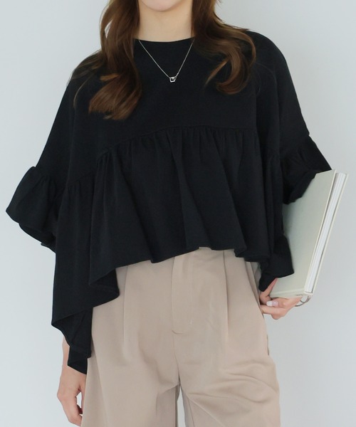 LAFFMO（ラフモ）の「ハーフスリーブティアードTシャツ（Tシャツ/カットソー・レディース・ブラック/オフホワイト/ベージュ・F）」の5枚目の写真