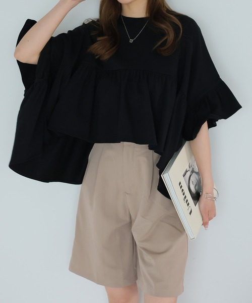 LAFFMO（ラフモ）の「ハーフスリーブティアードTシャツ（Tシャツ/カットソー・レディース・ブラック/オフホワイト/ベージュ・F）」の22枚目の写真