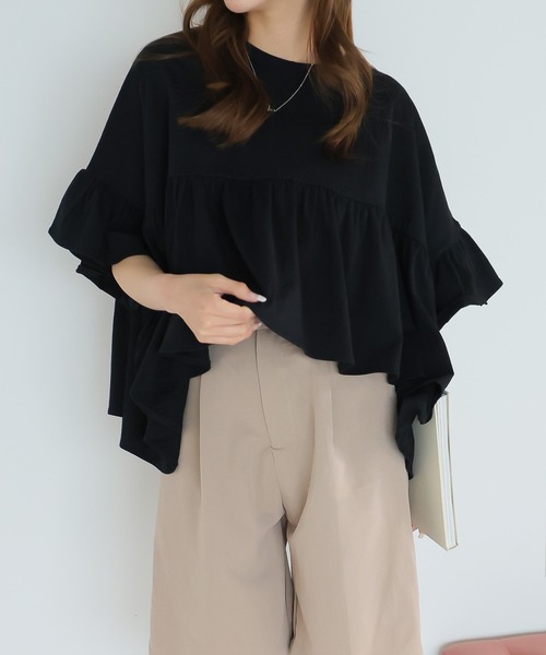 LAFFMO（ラフモ）の「ハーフスリーブティアードTシャツ（Tシャツ/カットソー・レディース・ブラック/オフホワイト/ベージュ・F）」の11枚目の写真