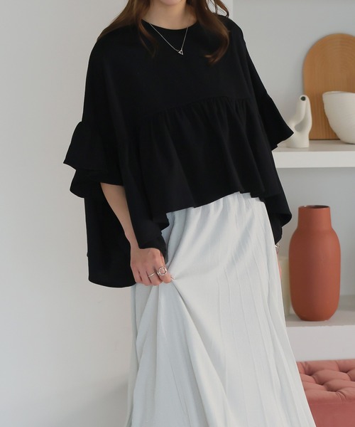 LAFFMO（ラフモ）の「ハーフスリーブティアードTシャツ（Tシャツ/カットソー・レディース・ブラック/オフホワイト/ベージュ・F）」の15枚目の写真