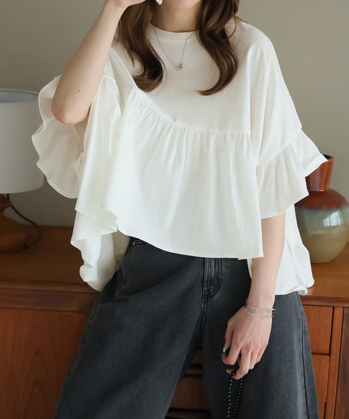 LAFFMO（ラフモ）の「ハーフスリーブティアードTシャツ（Tシャツ/カットソー・レディース・ブラック/オフホワイト/ベージュ・F）」の18枚目の写真