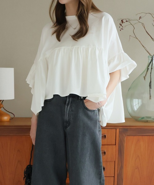 LAFFMO（ラフモ）の「ハーフスリーブティアードTシャツ（Tシャツ/カットソー・レディース・ブラック/オフホワイト/ベージュ・F）」の20枚目の写真