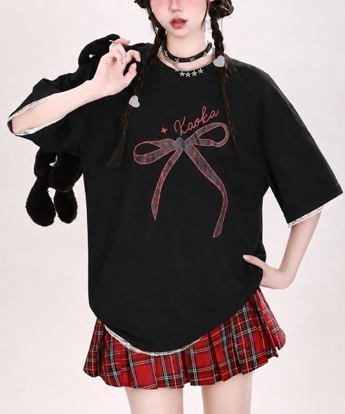 DIAVEL(ディアベル)の「韓国風 リボンデザイン半袖ビッグTシャツ(Tシャツ/カットソー・レディース・ホワイト/ブラック・M)」の2枚目の写真