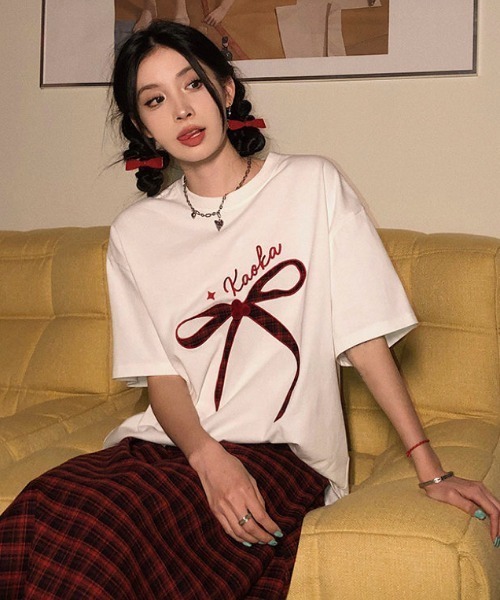 DIAVEL(ディアベル)の「韓国風 リボンデザイン半袖ビッグTシャツ(Tシャツ/カットソー・レディース・ホワイト/ブラック・M)」の6枚目の写真