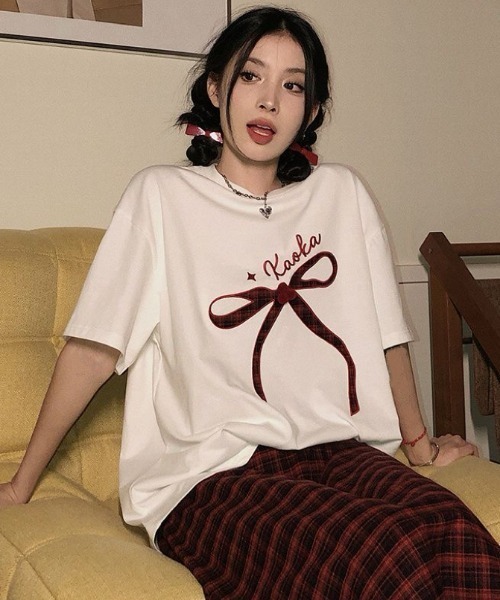 DIAVEL(ディアベル)の「韓国風 リボンデザイン半袖ビッグTシャツ(Tシャツ/カットソー・レディース・ホワイト/ブラック・M)」の8枚目の写真