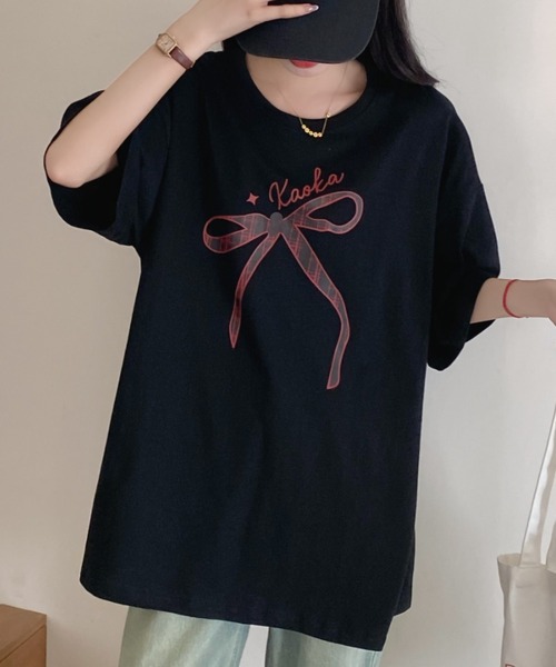 DIAVEL(ディアベル)の「韓国風 リボンデザイン半袖ビッグTシャツ(Tシャツ/カットソー・レディース・ホワイト/ブラック・M)」の12枚目の写真