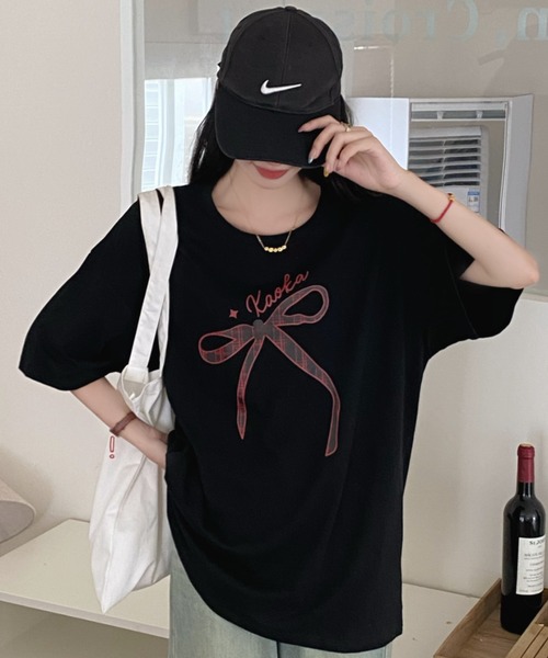 DIAVEL(ディアベル)の「韓国風 リボンデザイン半袖ビッグTシャツ(Tシャツ/カットソー・レディース・ホワイト/ブラック・M)」の15枚目の写真