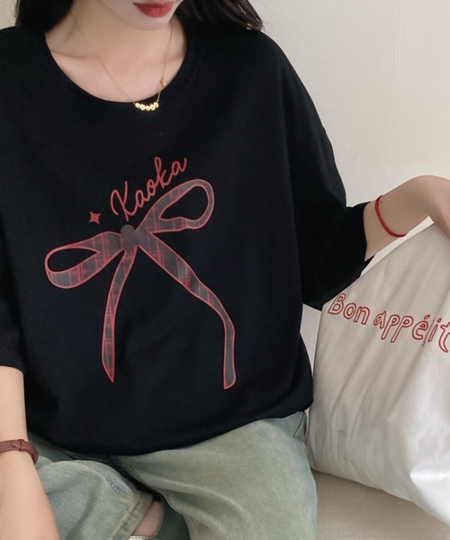 DIAVEL(ディアベル)の「韓国風 リボンデザイン半袖ビッグTシャツ(Tシャツ/カットソー・レディース・ホワイト/ブラック・M)」の16枚目の写真