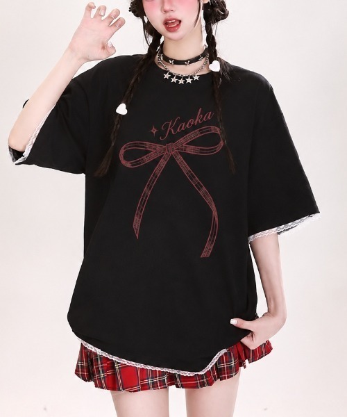 DIAVEL(ディアベル)の「韓国風 リボンデザイン半袖ビッグTシャツ(Tシャツ/カットソー・レディース・ホワイト/ブラック・M)」の20枚目の写真