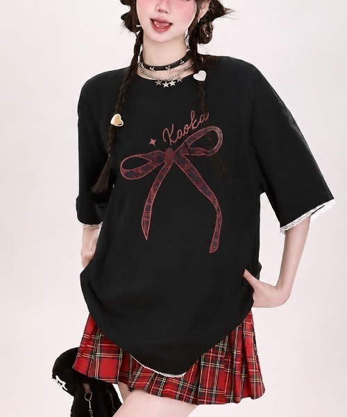DIAVEL(ディアベル)の「韓国風 リボンデザイン半袖ビッグTシャツ(Tシャツ/カットソー・レディース・ホワイト/ブラック・M)」の21枚目の写真