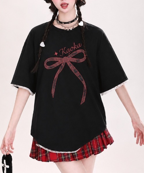 DIAVEL(ディアベル)の「韓国風 リボンデザイン半袖ビッグTシャツ(Tシャツ/カットソー・レディース・ホワイト/ブラック・M)」の22枚目の写真