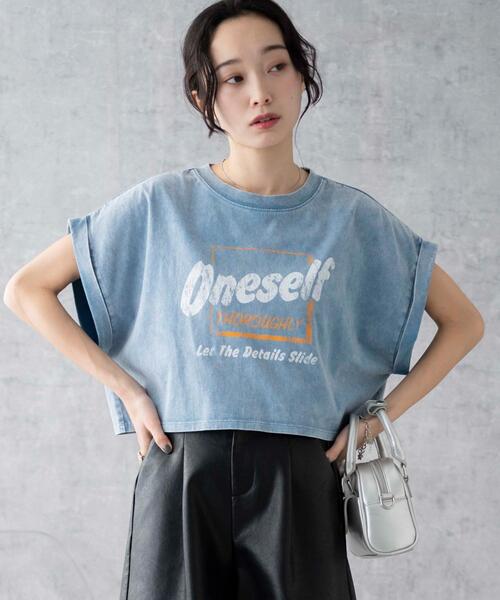 WEGO（ウィゴー）の「WEGO/ヴィンテージウォッシュロールアップショートTシャツ（Tシャツ/カットソー・レディース・スミクロ/グレー系その他/その他1/ブルー系その他・FREE）」の3枚目の写真