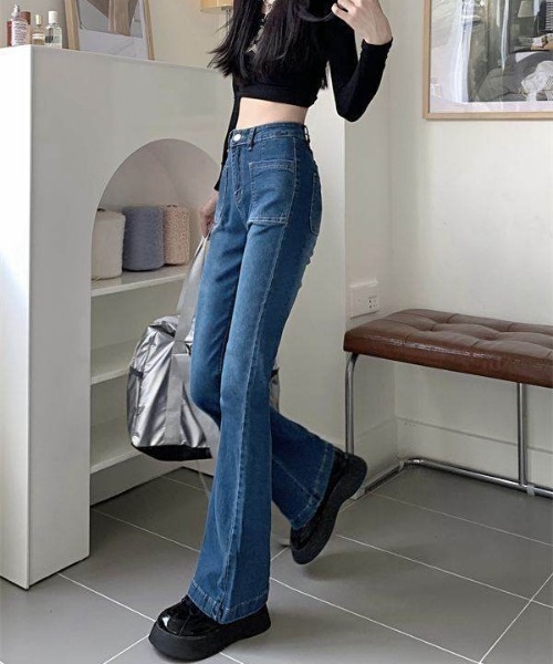 SHEENA（シーナ）の「ストレッチデニムフレアパンツ（デニムパンツ・レディース・ブルー/ブラック/ダークグレー・S/M/L）」の4枚目の写真