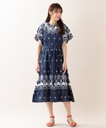 【Rose Tiara】花柄　フレアワンピース　ネイビー　サイズ46 Rose Tiara】ボウタイ付き 花柄 フレアワンピース サイズ46