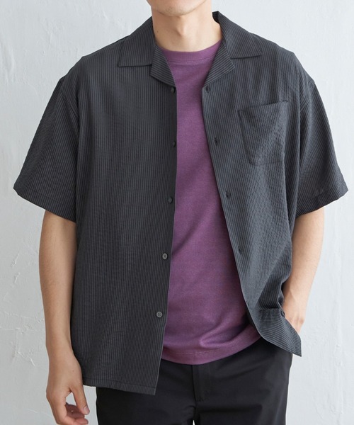 シャドーストライプオープンカラーシャツ（シャツ/ブラウス）｜ikka