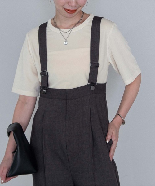 UR'S(ユアーズ)の「ベロアハーフスリーブTシャツ(Tシャツ/カットソー・レディース・チャコール/ダークブラウン/ピンク系その他/アイボリー・S/M/L)」の1枚目の写真