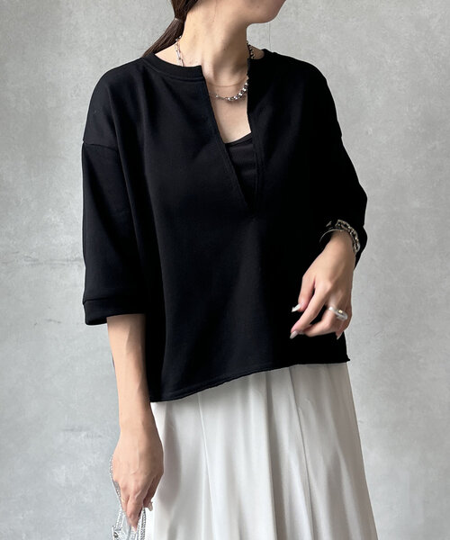 DouDou（ドゥドゥ）の「5分袖スリットプルオーバー（Tシャツ/カットソー・レディース・カーキ/ブラック/ベージュ・FREE）」の8枚目の写真