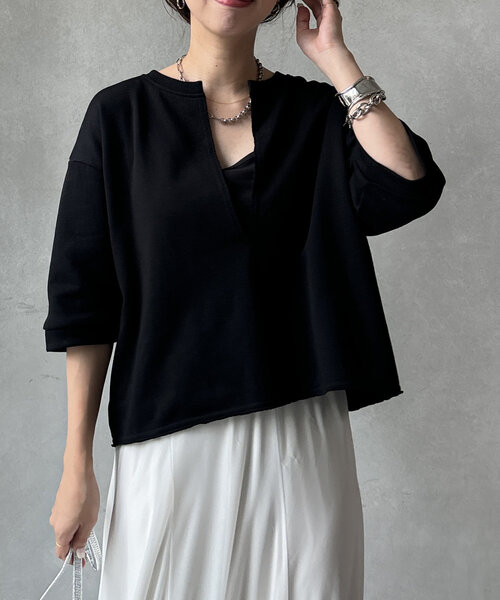 DouDou（ドゥドゥ）の「5分袖スリットプルオーバー（Tシャツ/カットソー・レディース・カーキ/ブラック/ベージュ・FREE）」の9枚目の写真