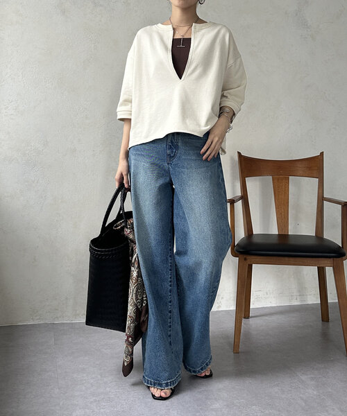 DouDou（ドゥドゥ）の「5分袖スリットプルオーバー（Tシャツ/カットソー・レディース・カーキ/ブラック/ベージュ・FREE）」の20枚目の写真