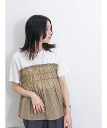 Samansa Mos2 blue | 異素材ドッキングプルオーバー(Tシャツ/カットソー)