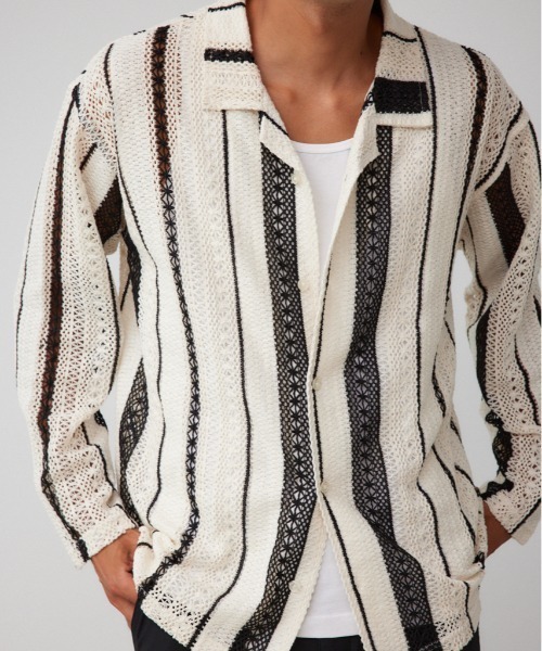 AZUL by moussy（アズールバイマウジー）の「メッシュ開襟長袖シャツ（シャツ/ブラウス・メンズ・ホワイト系その他/ブラック系その他/ベージュ系その他・FREE）」の2枚目の写真