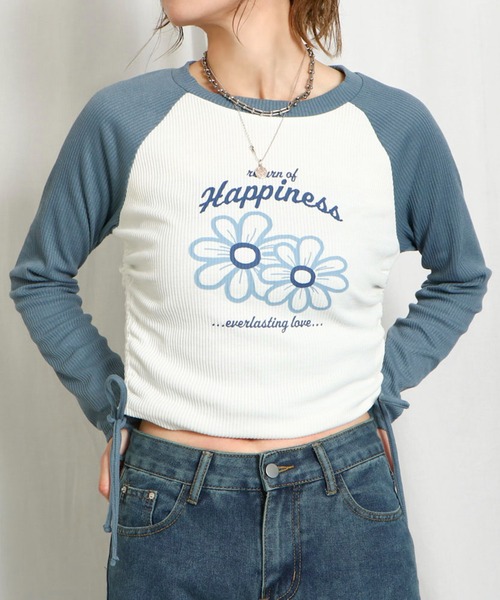 GORGE(ゴージ)の「《花ロゴ×脇ギャザー》レディース リブカットソー 長袖Tシャツ 体型カバー 春秋(Tシャツ/カットソー・レディース・ブルー/ブラック/モカ・F)」の1枚目の写真