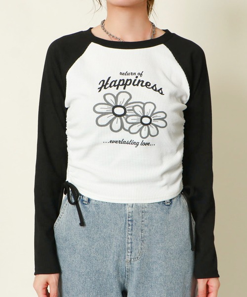 GORGE(ゴージ)の「《花ロゴ×脇ギャザー》レディース リブカットソー 長袖Tシャツ 体型カバー 春秋(Tシャツ/カットソー・レディース・ブルー/ブラック/モカ・F)」の2枚目の写真