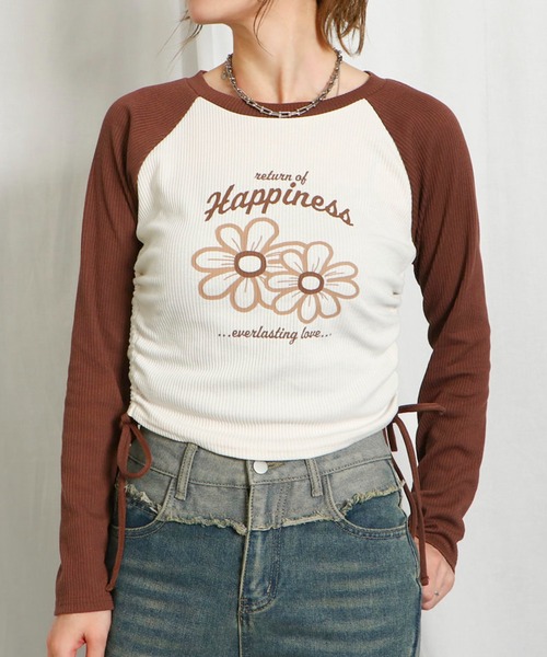 GORGE(ゴージ)の「《花ロゴ×脇ギャザー》レディース リブカットソー 長袖Tシャツ 体型カバー 春秋(Tシャツ/カットソー・レディース・ブルー/ブラック/モカ・F)」の3枚目の写真