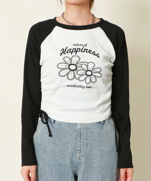 GORGE(ゴージ)の「《花ロゴ×脇ギャザー》レディース リブカットソー 長袖Tシャツ 体型カバー 春秋(Tシャツ/カットソー・レディース・ブルー/ブラック/モカ・F)」の6枚目の写真
