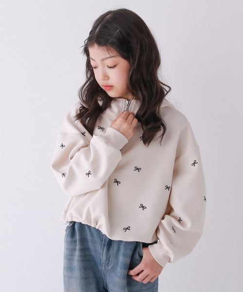 10C REPIPI（ジューシーレピピ）の「【10C REPIPI】リボンガラハーフZIPパーカー（パーカー・キッズ・ピンク/グレー/アイボリー・130cm/110cm/120cm）」の2枚目の写真