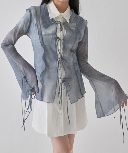 フレアスリーブ リボン シアーシャツ（シャツ/ブラウス）｜Uenui（ウニュイ）