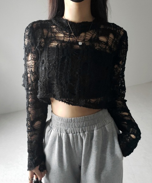 me+em select(ミームセレクト)の「※※【 2color 】クラッシュダメージショートシアーニット / crush damage short sheer knit(ニット/セーター・レディース・アイボリー/ブラック・FREE)」の2枚目の写真