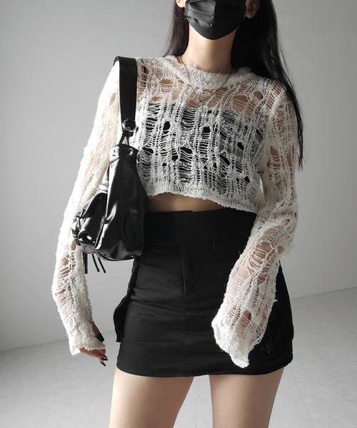 me+em select(ミームセレクト)の「※※【 2color 】クラッシュダメージショートシアーニット / crush damage short sheer knit(ニット/セーター・レディース・アイボリー/ブラック・FREE)」の17枚目の写真