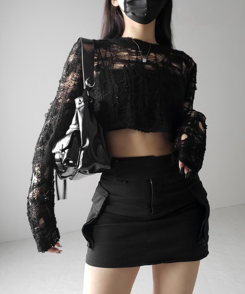 me+em select(ミームセレクト)の「※※【 2color 】クラッシュダメージショートシアーニット / crush damage short sheer knit(ニット/セーター・レディース・アイボリー/ブラック・FREE)」の22枚目の写真