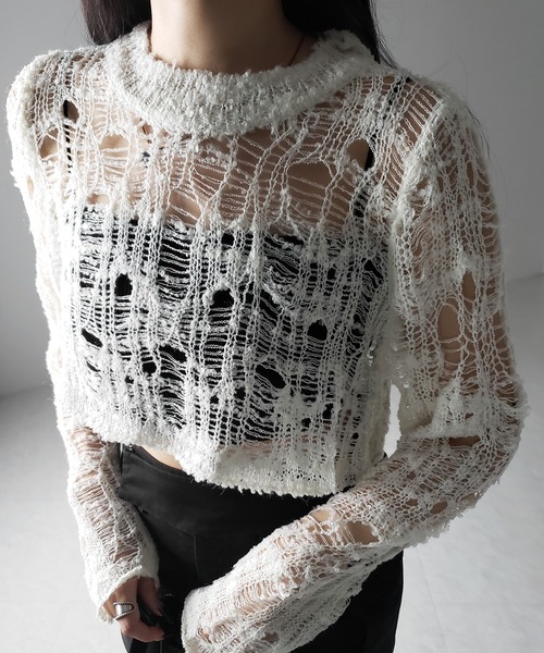 me+em select(ミームセレクト)の「※※【 2color 】クラッシュダメージショートシアーニット / crush damage short sheer knit(ニット/セーター・レディース・アイボリー/ブラック・FREE)」の10枚目の写真
