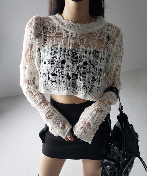 me+em select(ミームセレクト)の「※※【 2color 】クラッシュダメージショートシアーニット / crush damage short sheer knit(ニット/セーター・レディース・アイボリー/ブラック・FREE)」の11枚目の写真