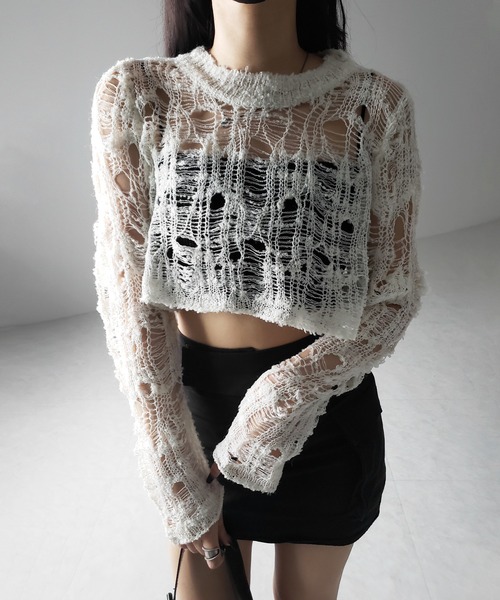 me+em select(ミームセレクト)の「※※【 2color 】クラッシュダメージショートシアーニット / crush damage short sheer knit(ニット/セーター・レディース・アイボリー/ブラック・FREE)」の13枚目の写真