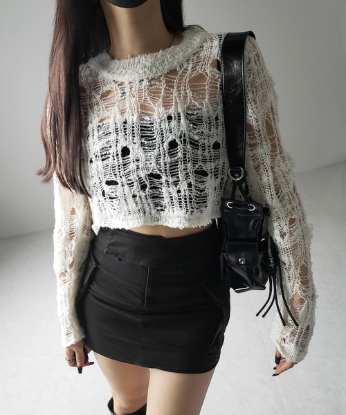 me+em select(ミームセレクト)の「※※【 2color 】クラッシュダメージショートシアーニット / crush damage short sheer knit(ニット/セーター・レディース・アイボリー/ブラック・FREE)」の14枚目の写真