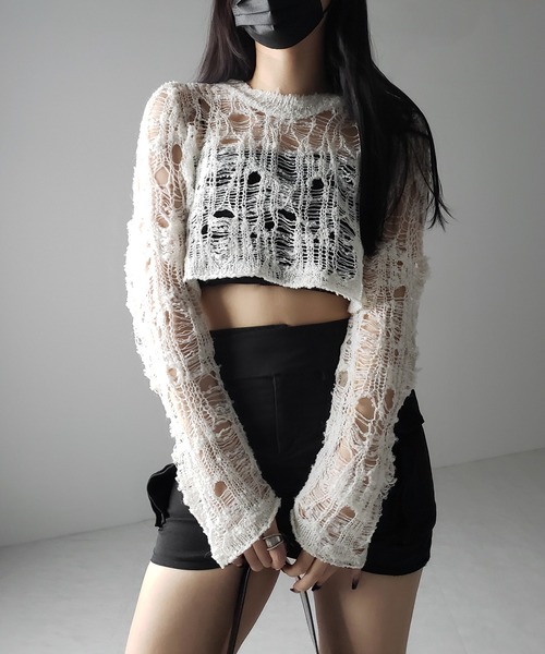 me+em select(ミームセレクト)の「※※【 2color 】クラッシュダメージショートシアーニット / crush damage short sheer knit(ニット/セーター・レディース・アイボリー/ブラック・FREE)」の15枚目の写真