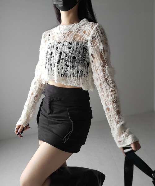 me+em select(ミームセレクト)の「※※【 2color 】クラッシュダメージショートシアーニット / crush damage short sheer knit(ニット/セーター・レディース・アイボリー/ブラック・FREE)」の16枚目の写真