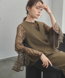【2WAY 着回しを楽しめる】フレアスリーブレースブラウス・Iラインワンピースセット ロング 結婚式 ワンピース パーティードレス オケージョンドレス お呼ばれ 二次会 成人式 同窓会 謝恩会