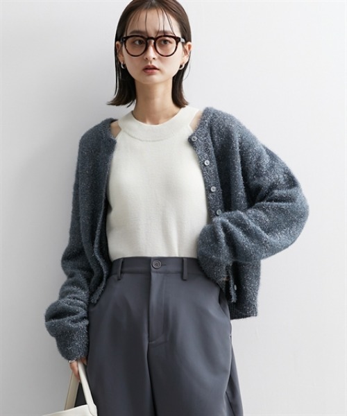 nissen(ニッセン)の「【販売終了】ラメニットクルーネックショート丈カーディガン(カーディガン/ボレロ・レディース・ブルーグレー/ブラック系・S/M/L/LL)」の7枚目の写真