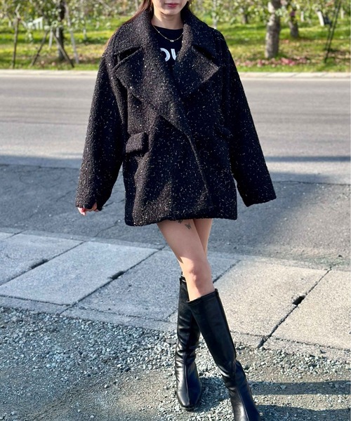 Per sist ence（パーシエンス）の「ビックカラーブークレミドル丈オーバーサイズジャケット（テーラードジャケット・レディース・オフホワイト/グレー系/ブラック・FREE）」の6枚目の写真