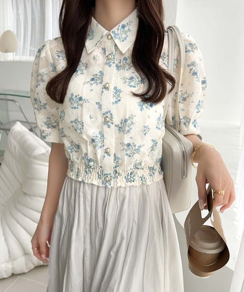 mily bilet(ミウィビレット)の「【mily bilet】スタイルアップ効果抜群♪花柄シアーレースショート丈ブラウス(シャツ/ブラウス・レディース・ブルー/ピンク/グリーン・X-LARGE/SMALL/MEDIUM/LARGE)」の11枚目の写真